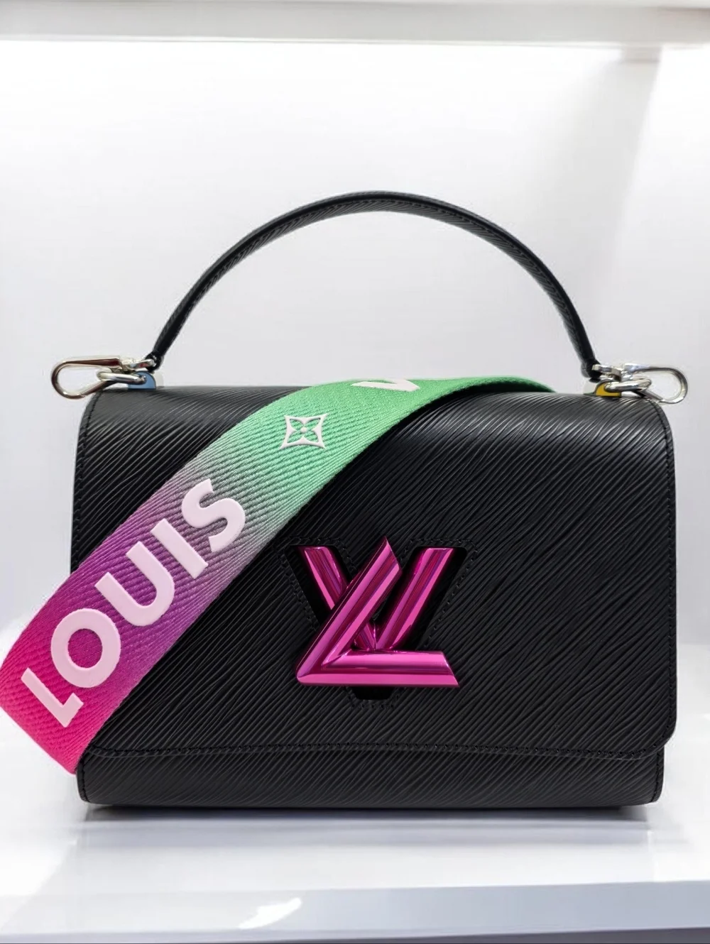 Louis Vuitton Twist MM Epi Limited Edition Black Shoulder Bag Pink Green Strap